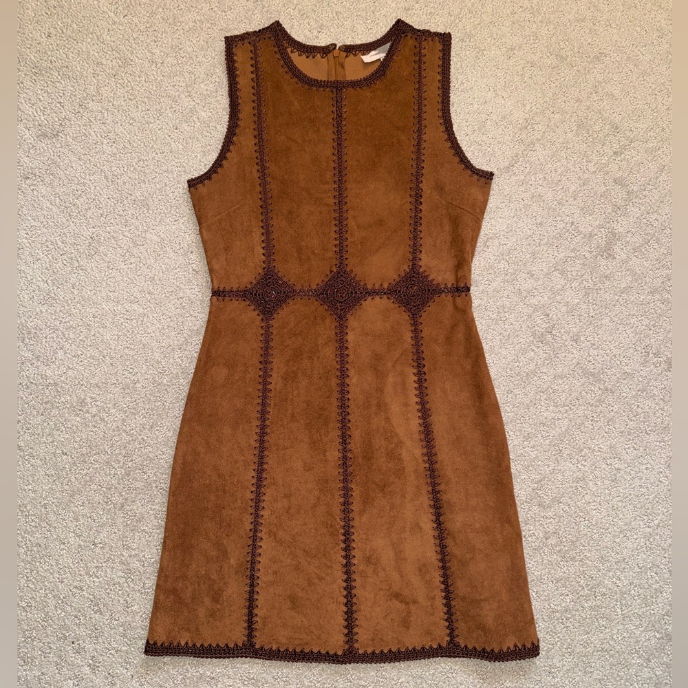 Brown Suede Mini Dress Crochet Trim Boho Western Festival Vintage Inspired 70s